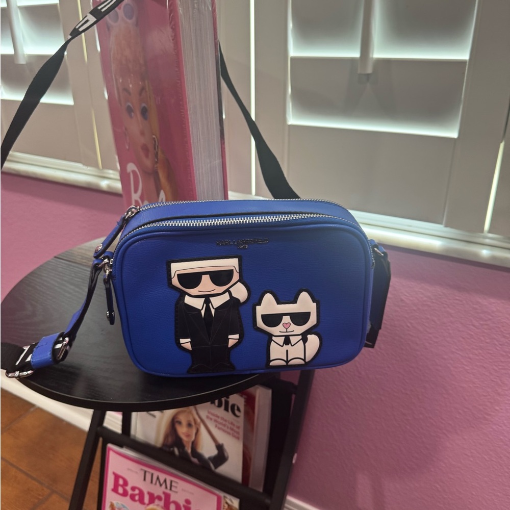Karl Lagerfeld Blue and Black Belt Bag with Playful Cat Accents